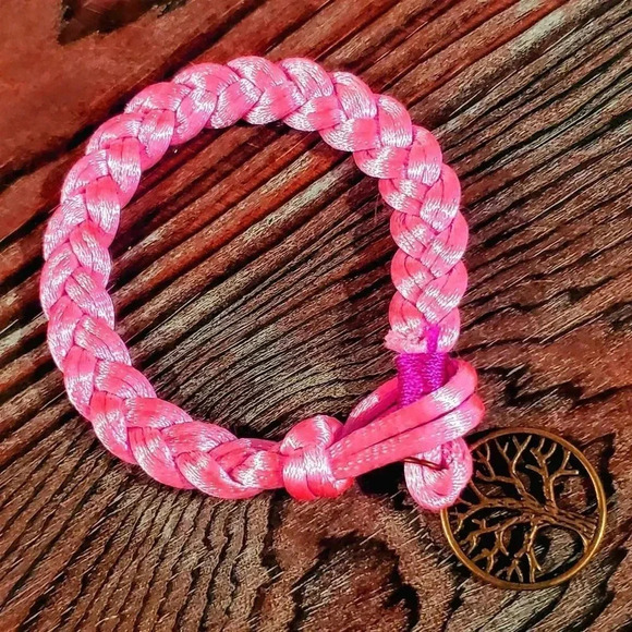 Braided Bright Hot Pink Silk Antique Brass Tree of Life Charm Button Bracelet - Picture 2 of 5